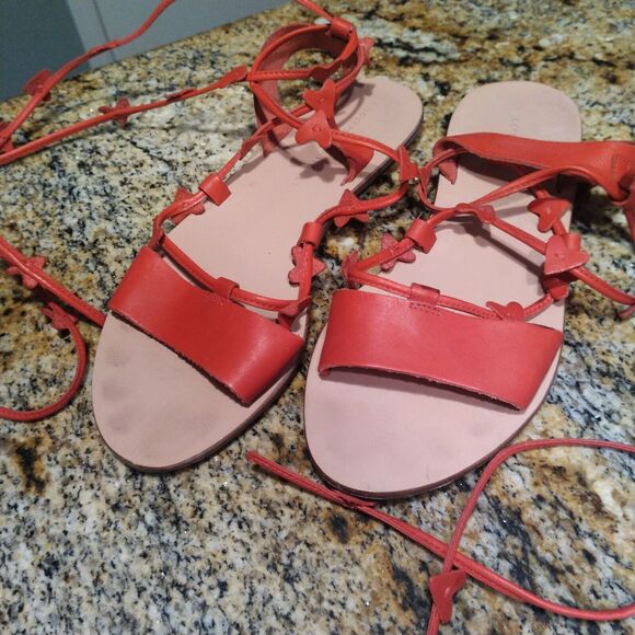 Loeffler Randall Heartla Ankle Wrap Sandal Open Toe Strappy Flat Red Women's 6 - Picture 2 of 9